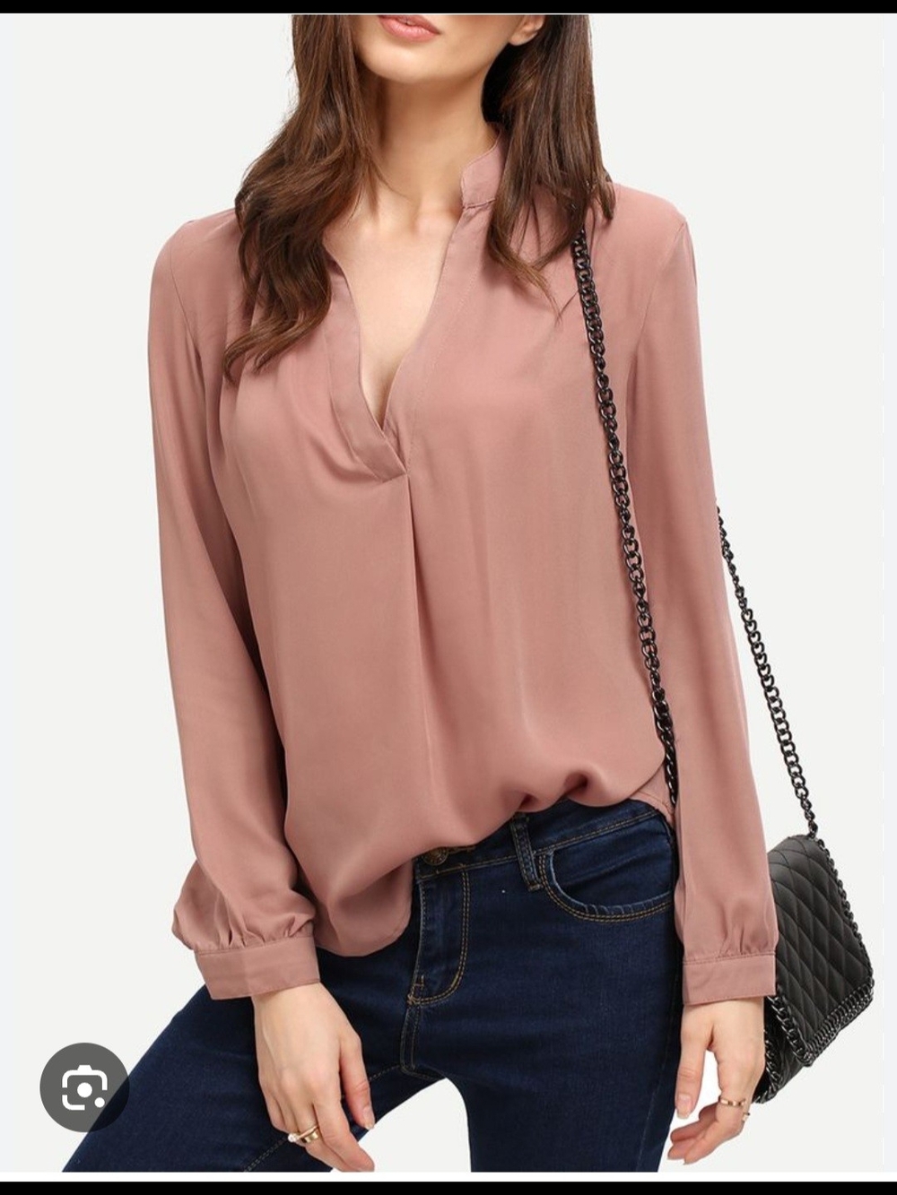 SHEIN Dusty Rose Mandarin Collar V-Neck Blouse